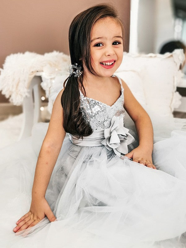 A-Line/Princess Tulle Sequin Spaghetti Straps Sleeveless Tea-Length Flower Girl Dresses TPP0007485