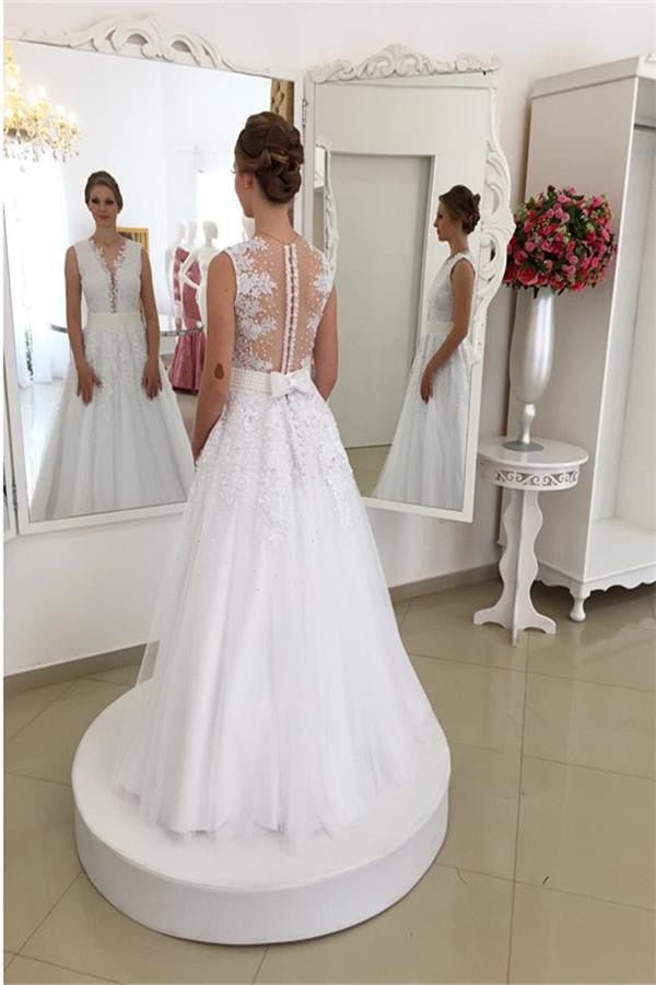 A-Line/Princess V-neck Applique Sleeveless Sweep/Brush Train Tulle Wedding Dresses TPP0006568