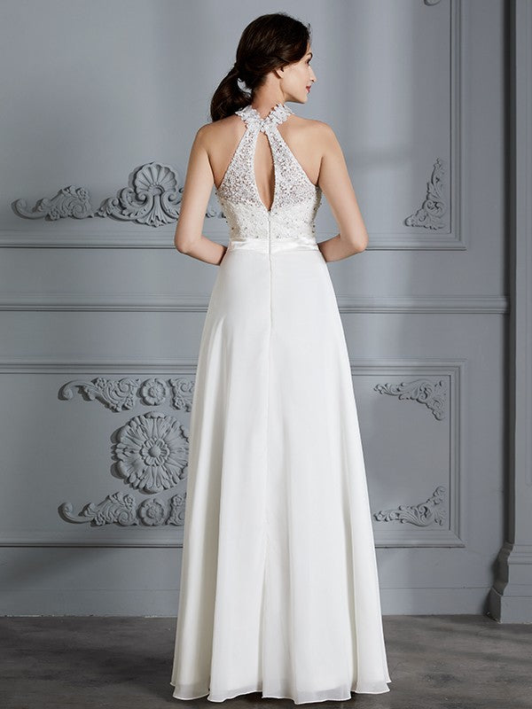 A-Line/Princess Scoop Sleeveless Floor-Length Chiffon Wedding Dresses TPP0006361