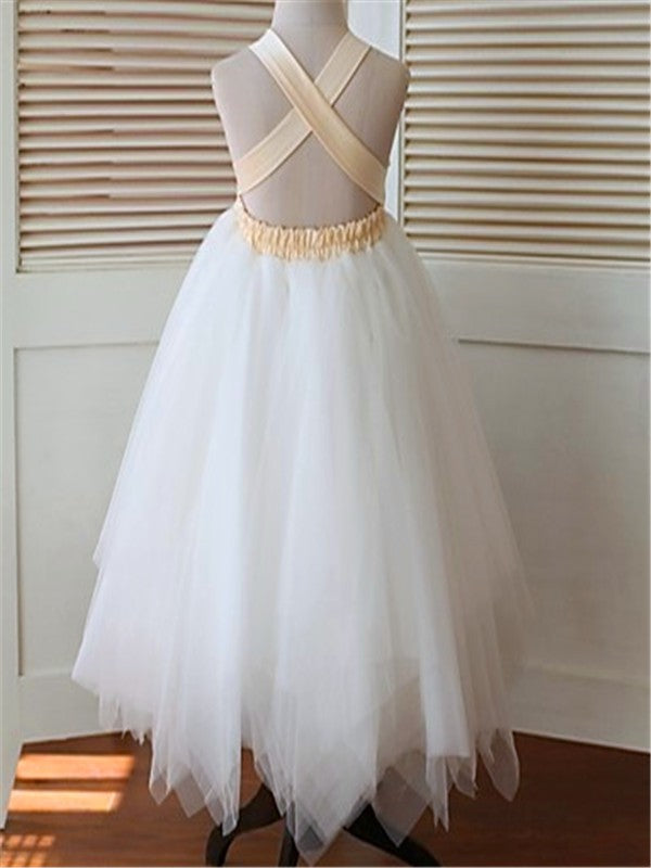 Ball Gown Sleeveless Straps Hand-made Flower Tea-Length Tulle Flower Girl Dresses TPP0007717