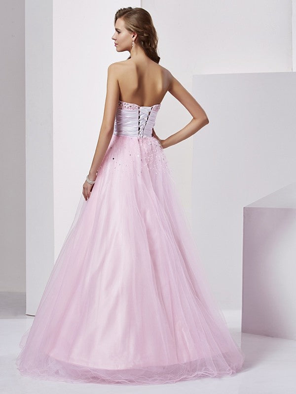 Ball Gown Strapless Sleeveless Beading Long Elastic Woven Satin Quinceanera Dresses TPP0009115