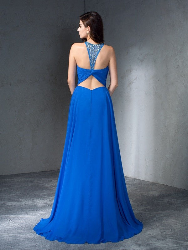 A-Line/Princess Scoop Beading Sleeveless Long Chiffon Dresses TPP0003497