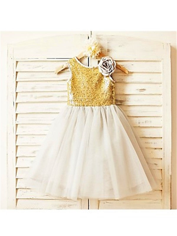 A-line/Princess Scoop Sleeveless Tea-Length Sequin Tulle Flower Girl Dresses TPP0007894