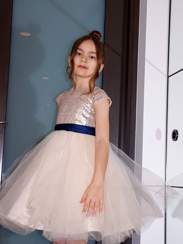 A-Line/Princess Tulle Sash/Ribbon/Belt Scoop Short Sleeves Knee-Length Flower Girl Dresses TPP0007482