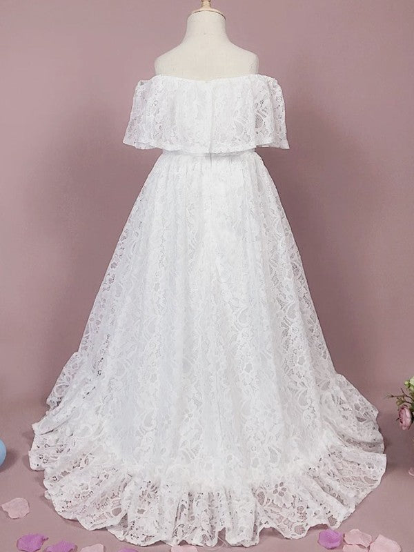 A-Line/Princess Lace Ruffles Off-the-Shoulder Sleeveless Floor-Length Flower Girl Dresses TPP0007503