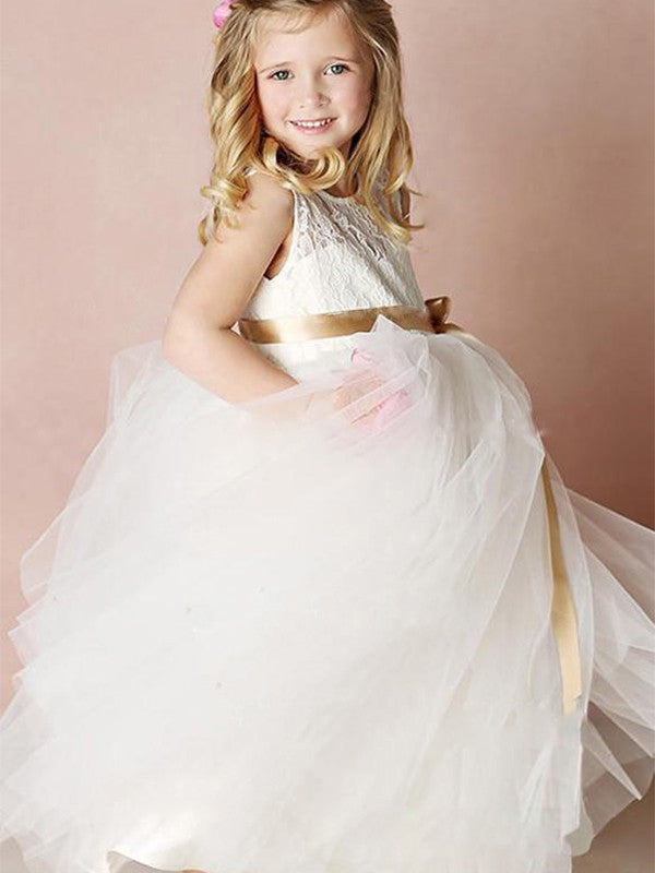 A-Line/Princess Tulle Sash/Ribbon/Belt Scoop Sleeveless Floor-Length Flower Girl Dresses TPP0007817