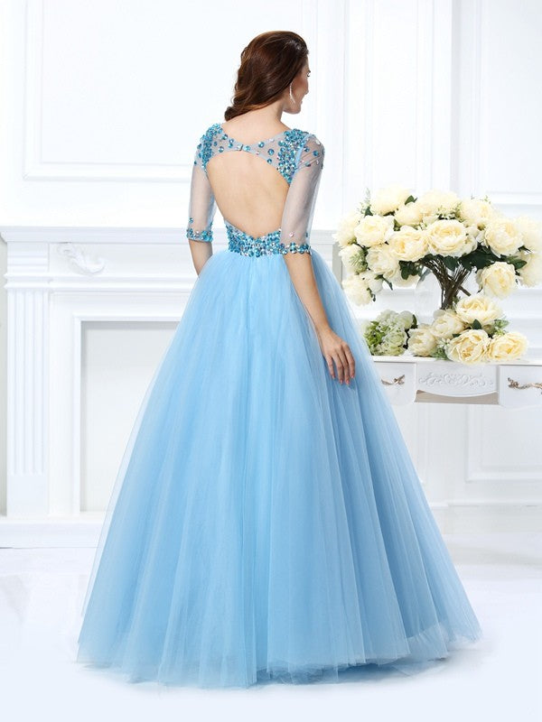 Ball Gown V-neck Beading 1/2 Sleeves Long Satin Quinceanera Dresses TPP0003284