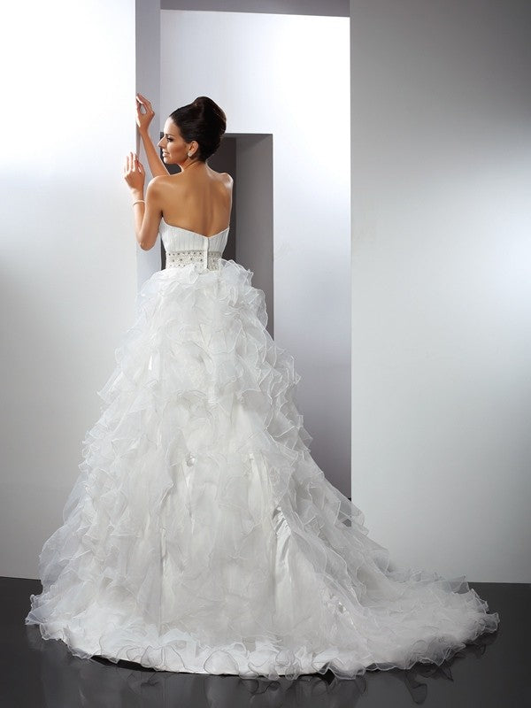 Ball Gown Sweetheart Ruffles Sleeveless Long Organza Wedding Dresses TPP0006647