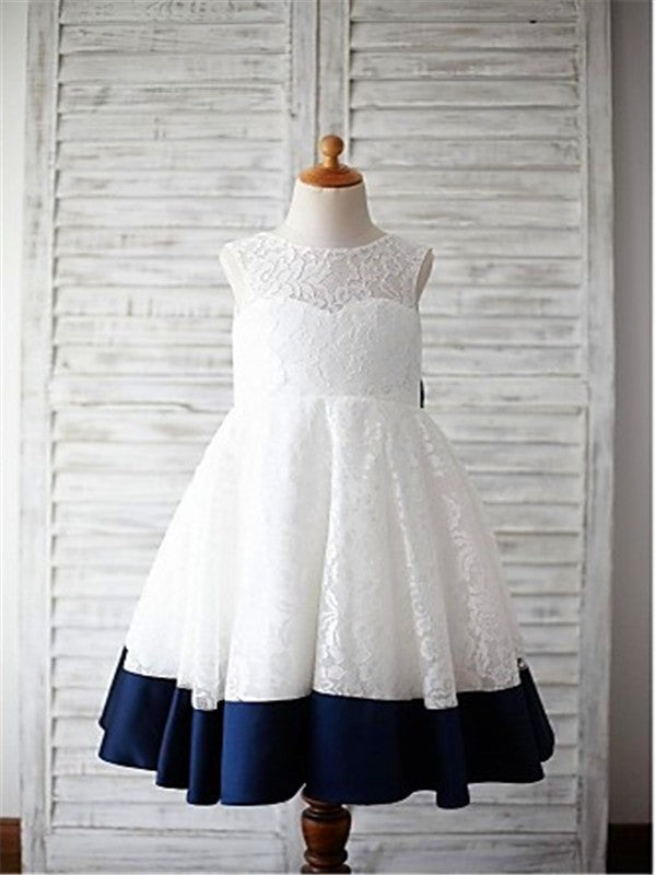 A-line/Princess Scoop Sleeveless Bowknot Tea-Length Lace Flower Girl Dresses TPP0007556