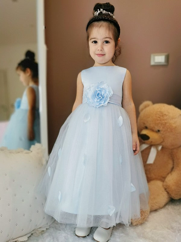 A-Line/Princess Tulle Hand-Made Flower Scoop Sleeveless Ankle-Length Flower Girl Dresses TPP0007547