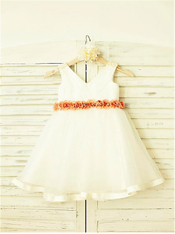 A-line/Princess V-neck Sleeveless Hand-made Flower Tea-Length Tulle Flower Girl Dresses TPP0007821