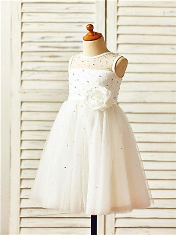 A-line/Princess Scoop Sleeveless Tea-Length Hand-made Flower Tulle Flower Girl Dresses TPP0007745