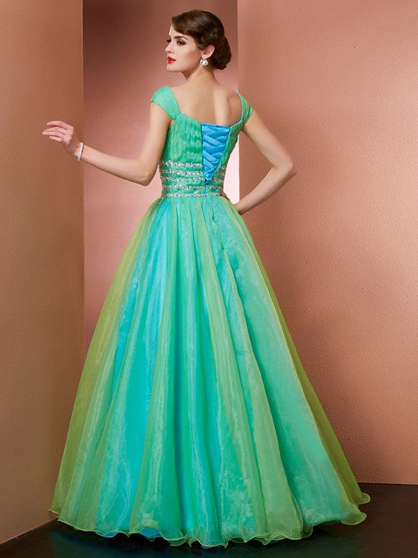 Ball Gown Off the Shoulder Sleeveless Beading Long Satin Quinceanera Dresses TPP0009098