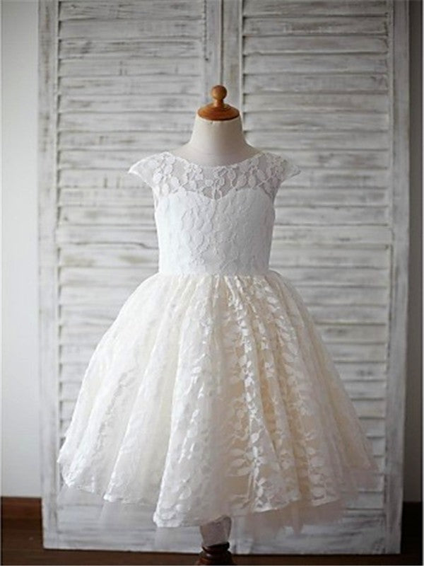 A-line/Princess Scoop Short Sleeves Tea-Length Lace Flower Girl Dresses TPP0007613