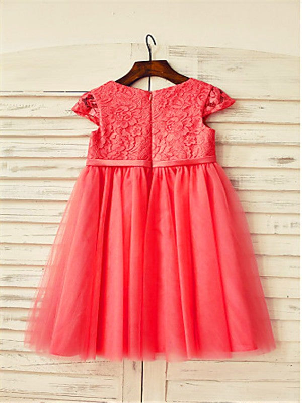 A-line/Princess Scoop Short Sleeves Lace Tea-Length Tulle Flower Girl Dresses TPP0007881