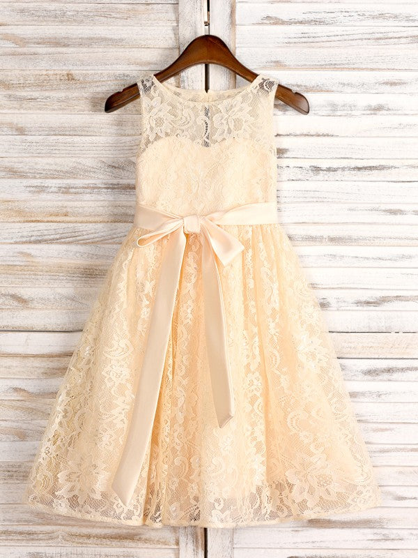 A-Line/Princess Lace Sash/Ribbon/Belt Scoop Sleeveless Tea-Length Flower Girl Dresses TPP0007526