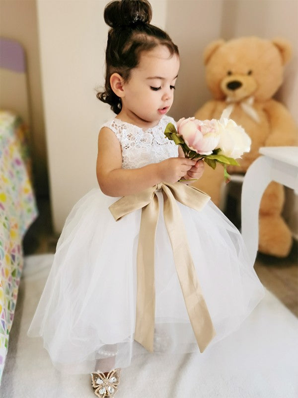 A-Line/Princess Tulle Sash/Ribbon/Belt Scoop Sleeveless Knee-Length Flower Girl Dresses TPP0007546