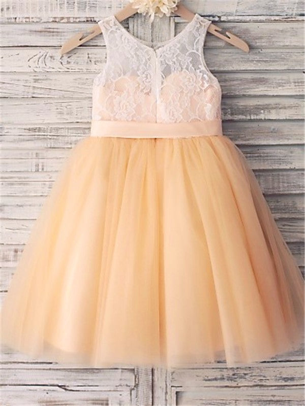 A-line/Princess Sleeveless Scoop Sash/Ribbon/Belt Tea-Length Tulle Flower Girl Dresses TPP0007699