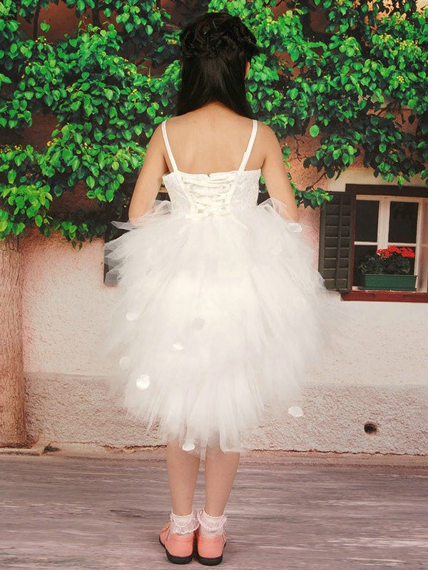 A-line/Princess Straps Sleeveless Hand-made Flower Short Tulle Flower Girl Dresses TPP0007737