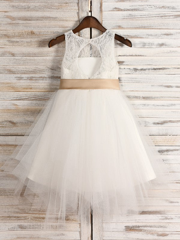 A-Line/Princess Tulle Sash/Ribbon/Belt Scoop Sleeveless Tea-Length Flower Girl Dresses TPP0007525