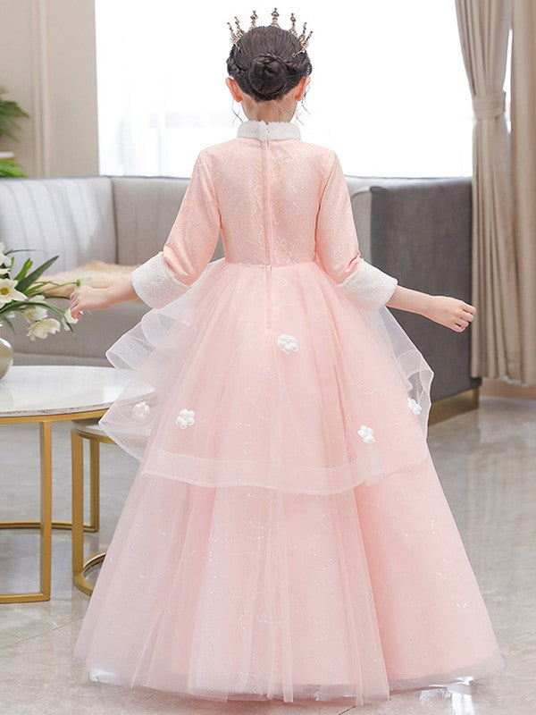 A-Line/Princess Tulle Hand-Made Flower High Neck 3/4 Sleeves Floor-Length Flower Girl Dresses TPP0007505