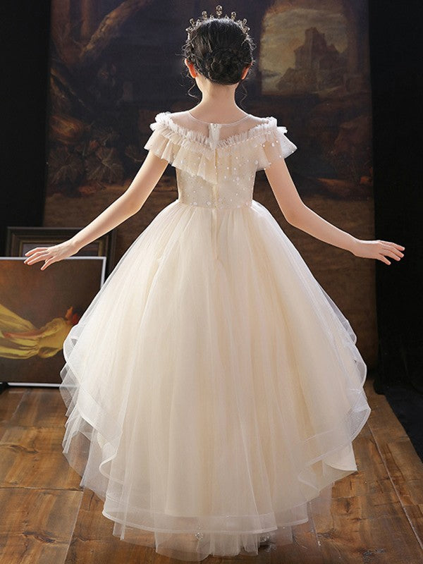 A-Line/Princess Tulle Applique Off-the-Shoulder Short Sleeves Asymmetrical Flower Girl Dresses TPP0007511