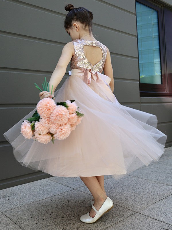 A-Line/Princess Tulle Bowknot Scoop Sleeveless Tea-Length Flower Girl Dresses TPP0007463