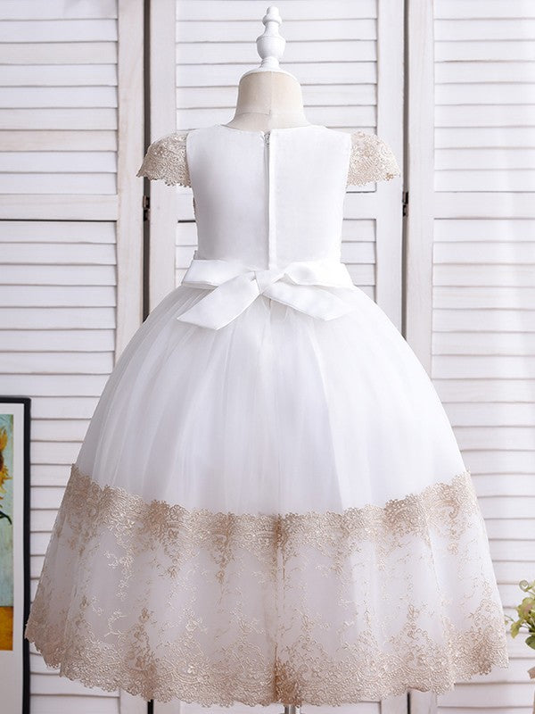 Ball Gown Lace Hand-Made Flower Scoop Short Sleeves Ankle-Length Flower Girl Dresses TPP0007514