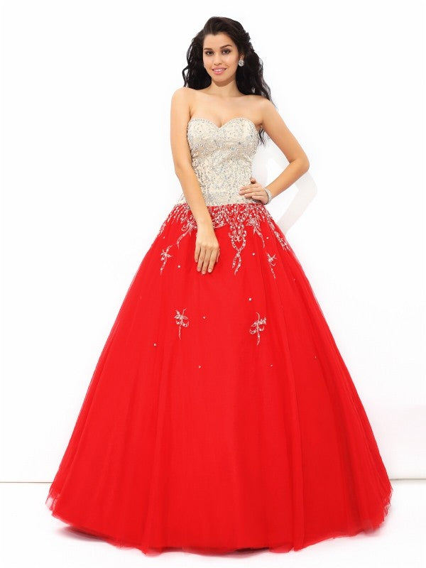 Ball Gown Sweetheart Beading Sleeveless Long Satin Quinceanera Dresses TPP0003205