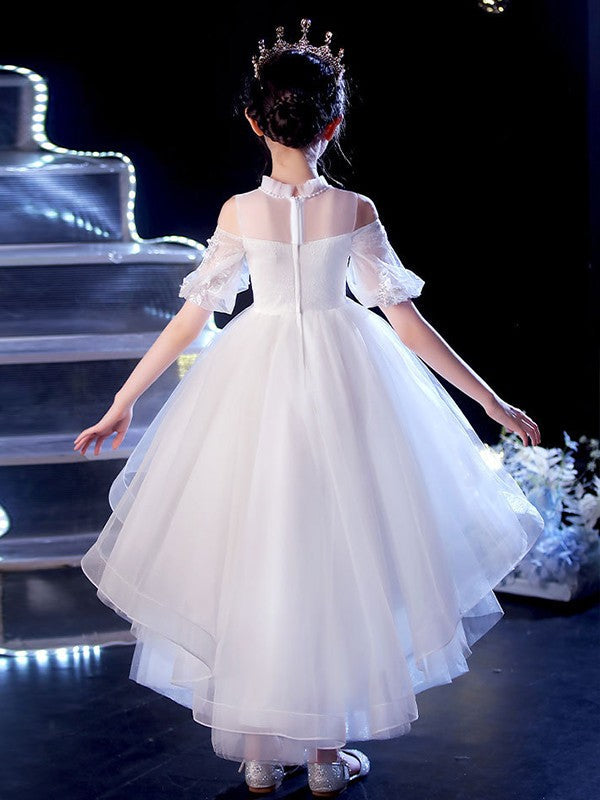 A-Line/Princess Tulle Applique Scoop Short Sleeves Asymmetrical Flower Girl Dresses TPP0007509