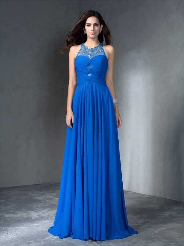 A-Line/Princess Scoop Beading Sleeveless Long Chiffon Dresses TPP0003497