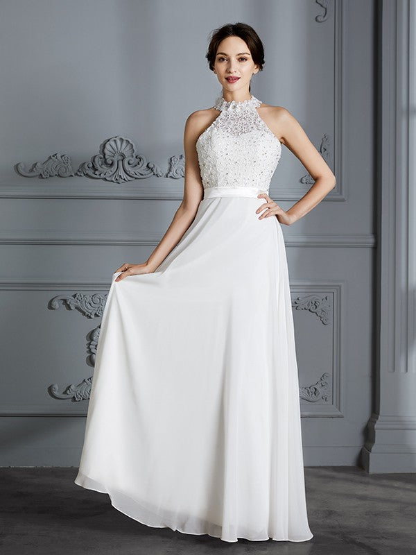 A-Line/Princess Scoop Sleeveless Floor-Length Chiffon Wedding Dresses TPP0006361