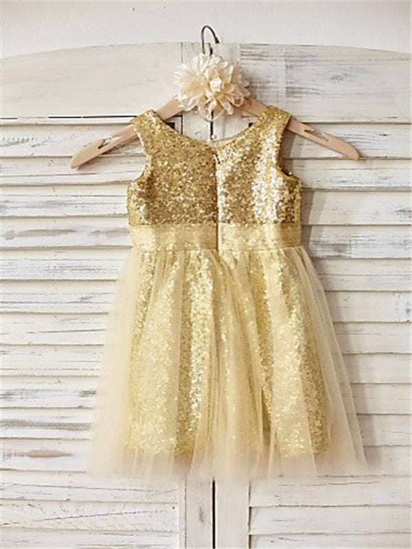 A-line/Princess Scoop Sleeveless Ruffles Tea-Length Sequins Flower Girl Dresses TPP0007837