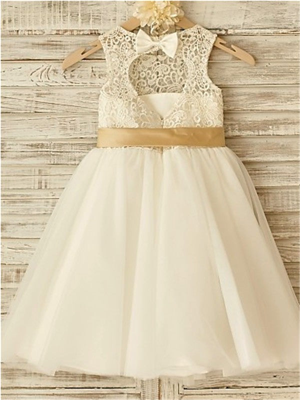 A-line/Princess Scoop Sleeveless Bowknot Knee-Length Tulle Flower Girl Dresses TPP0007495