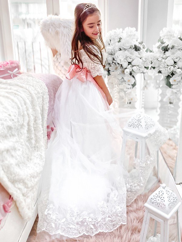 A-Line/Princess Tulle Sash/Ribbon/Belt Off-the-Shoulder 1/2 Sleeves Sweep/Brush Train Flower Girl Dresses TPP0007481