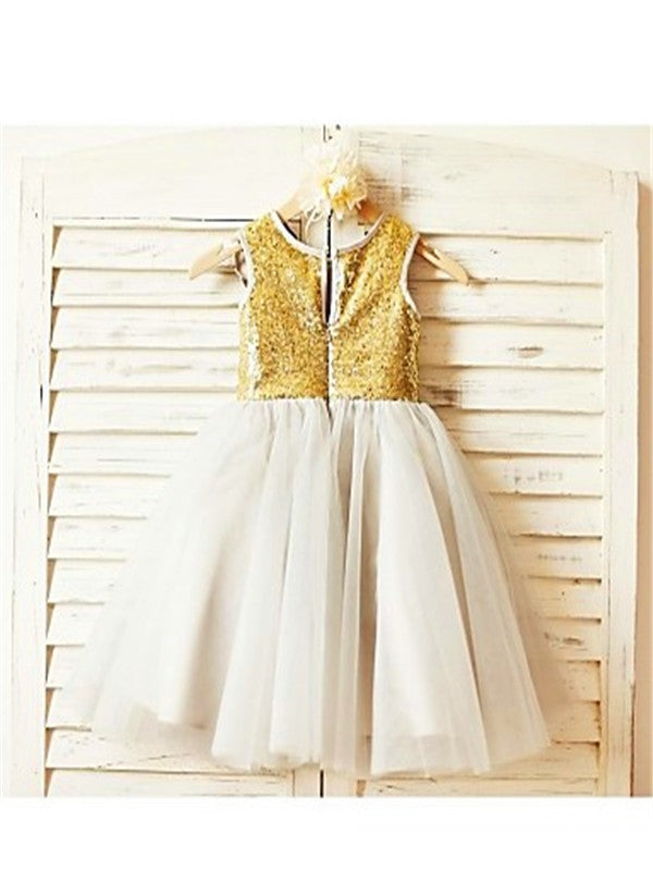 A-line/Princess Scoop Sleeveless Tea-Length Sequin Tulle Flower Girl Dresses TPP0007894