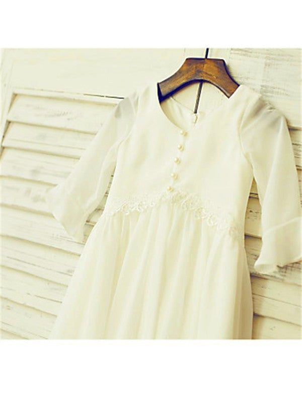 A-line/Princess Scoop Long Sleeves Ruffles Tea-Length Chiffon Flower Girl Dresses TPP0007835