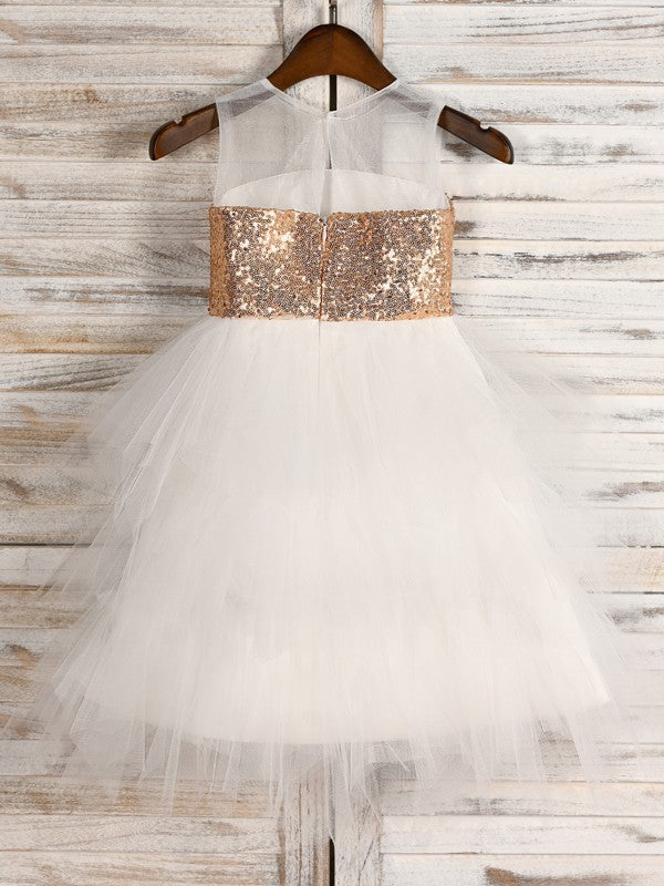 A-Line/Princess Tulle Paillette Scoop Sleeveless Tea-Length Flower Girl Dresses TPP0007530