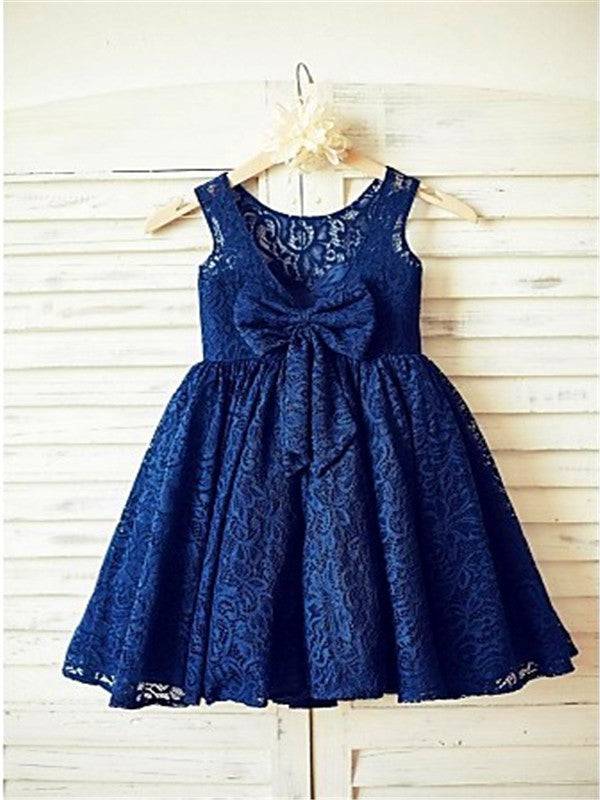 A-line/Princess Scoop Sleeveless Bowknot Tea-Length Lace Flower Girl Dresses TPP0007735