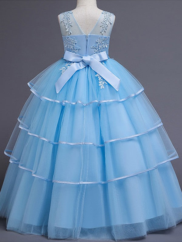 A-Line/Princess Tulle Applique Scoop Sleeveless Floor-Length Flower Girl Dresses TPP0007513