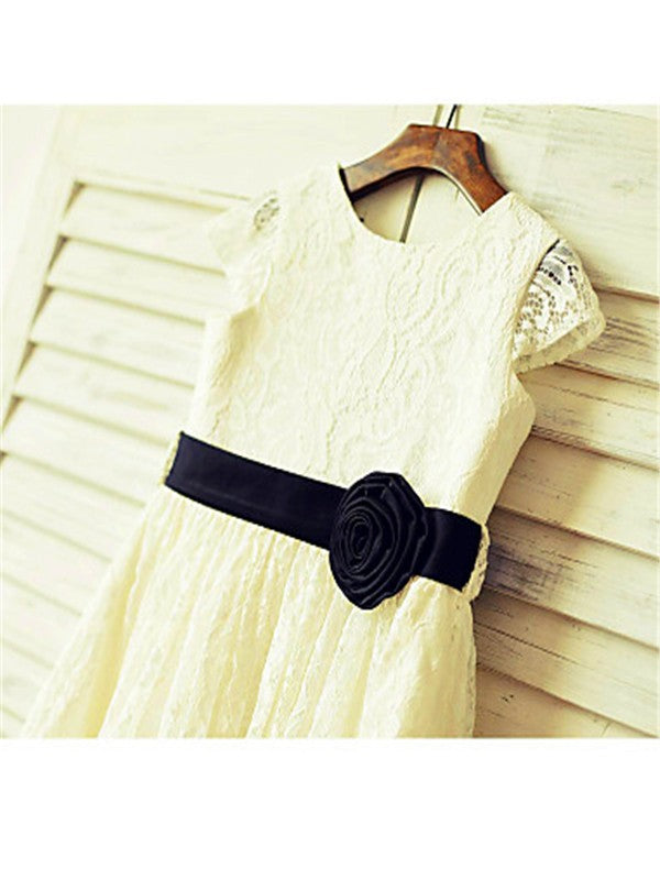 A-line/Princess Scoop Short Sleeves Hand-made Flower Tea-Length Lace Flower Girl Dresses TPP0007929