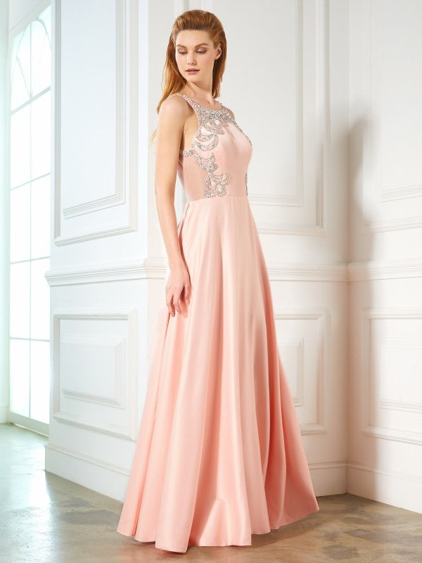 A-Line/Princess Scoop Beading Sleeveless Satin Floor-Length Dresses TPP0003698