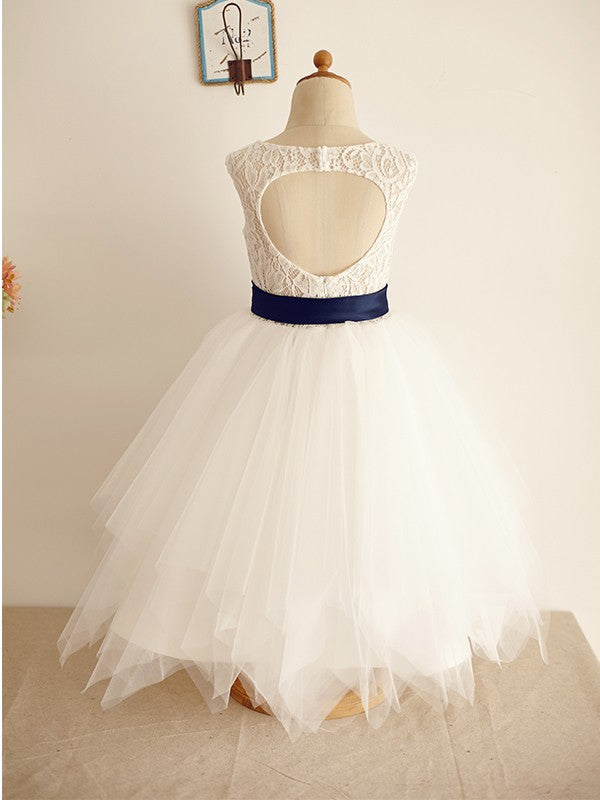 A-Line/Princess Tulle Sash/Ribbon/Belt Scoop Sleeveless Tea-Length Flower Girl Dresses TPP0007803