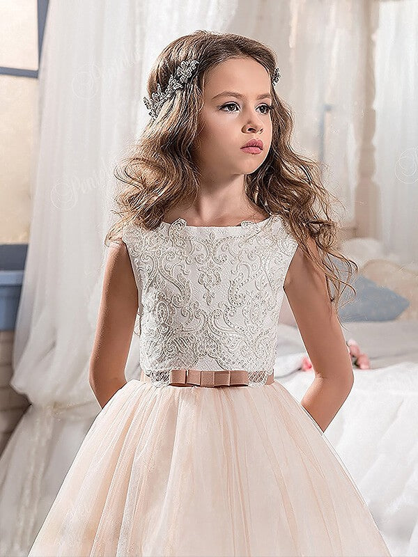 Ball Gown Jewel Sleeveless Lace Sweep/Brush Train Tulle Flower Girl Dresses TPP0007536