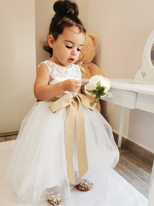 A-Line/Princess Tulle Sash/Ribbon/Belt Scoop Sleeveless Knee-Length Flower Girl Dresses TPP0007546