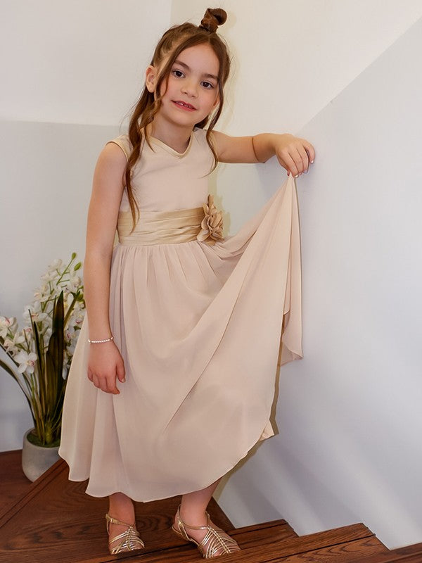 A-Line/Princess Chiffon Hand-Made Flower Scoop Sleeveless Tea-Length Flower Girl Dresses TPP0007493