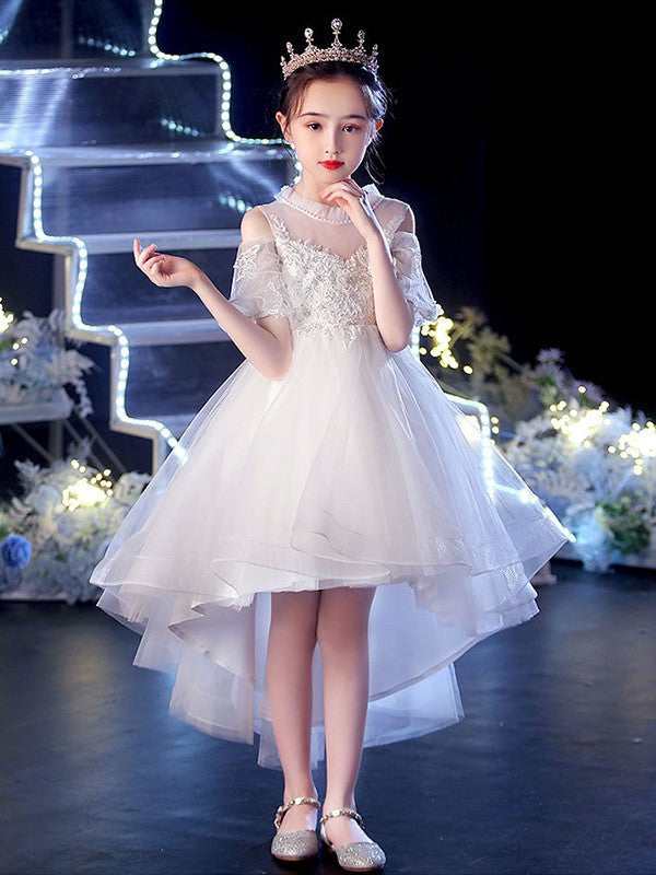 A-Line/Princess Tulle Applique Scoop Short Sleeves Asymmetrical Flower Girl Dresses TPP0007509