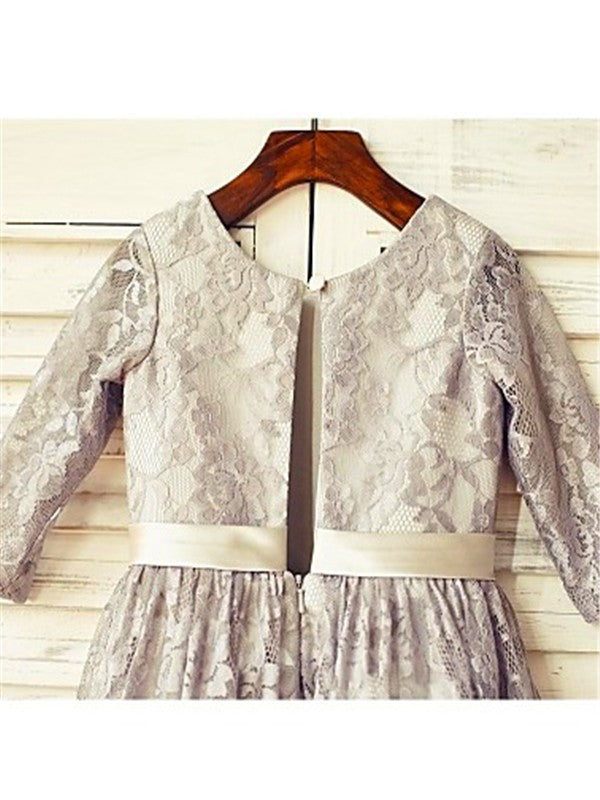 A-line/Princess Scoop 3/4 Sleeves Tea-Length Lace Flower Girl Dresses TPP0007888