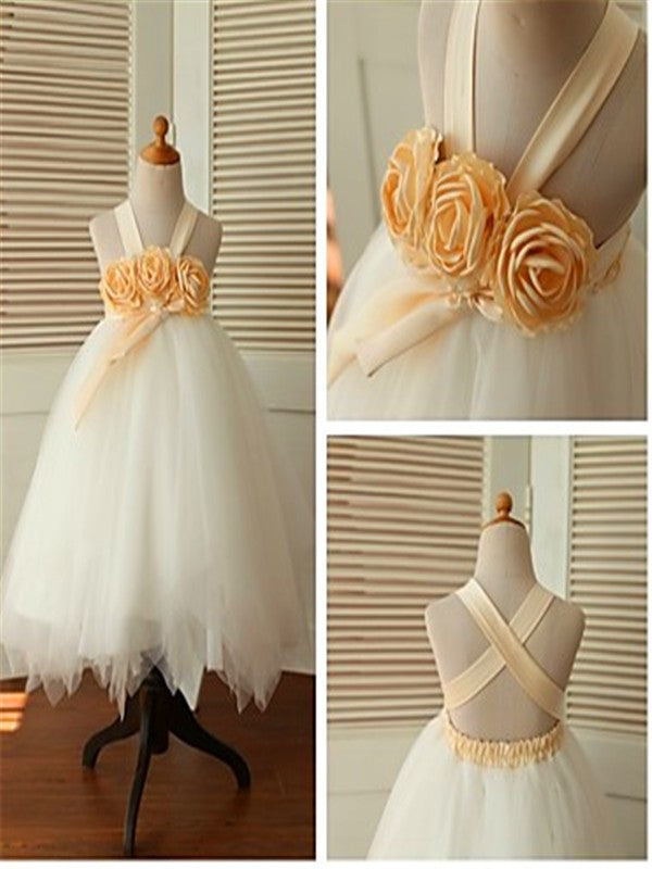 Ball Gown Sleeveless Straps Hand-made Flower Tea-Length Tulle Flower Girl Dresses TPP0007717