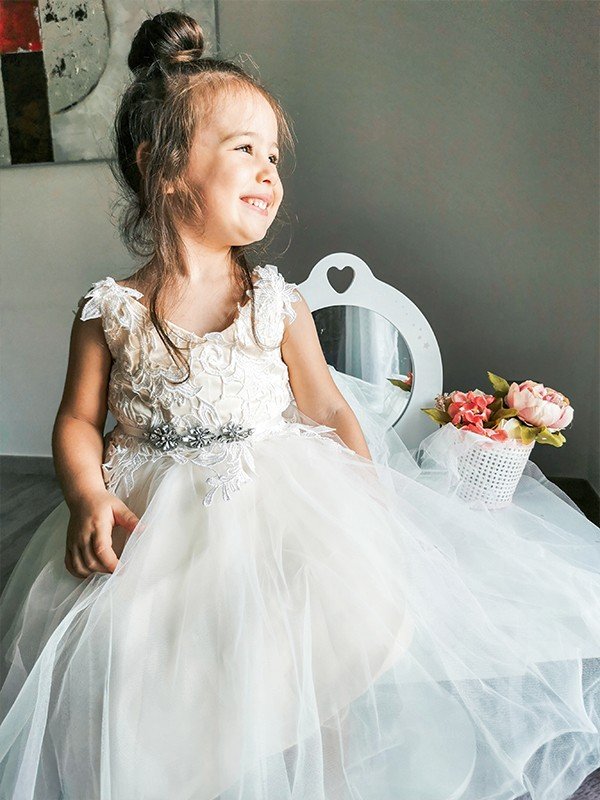 A-Line/Princess Tulle Lace V-neck Sleeveless Ankle-Length Flower Girl Dresses TPP0007460